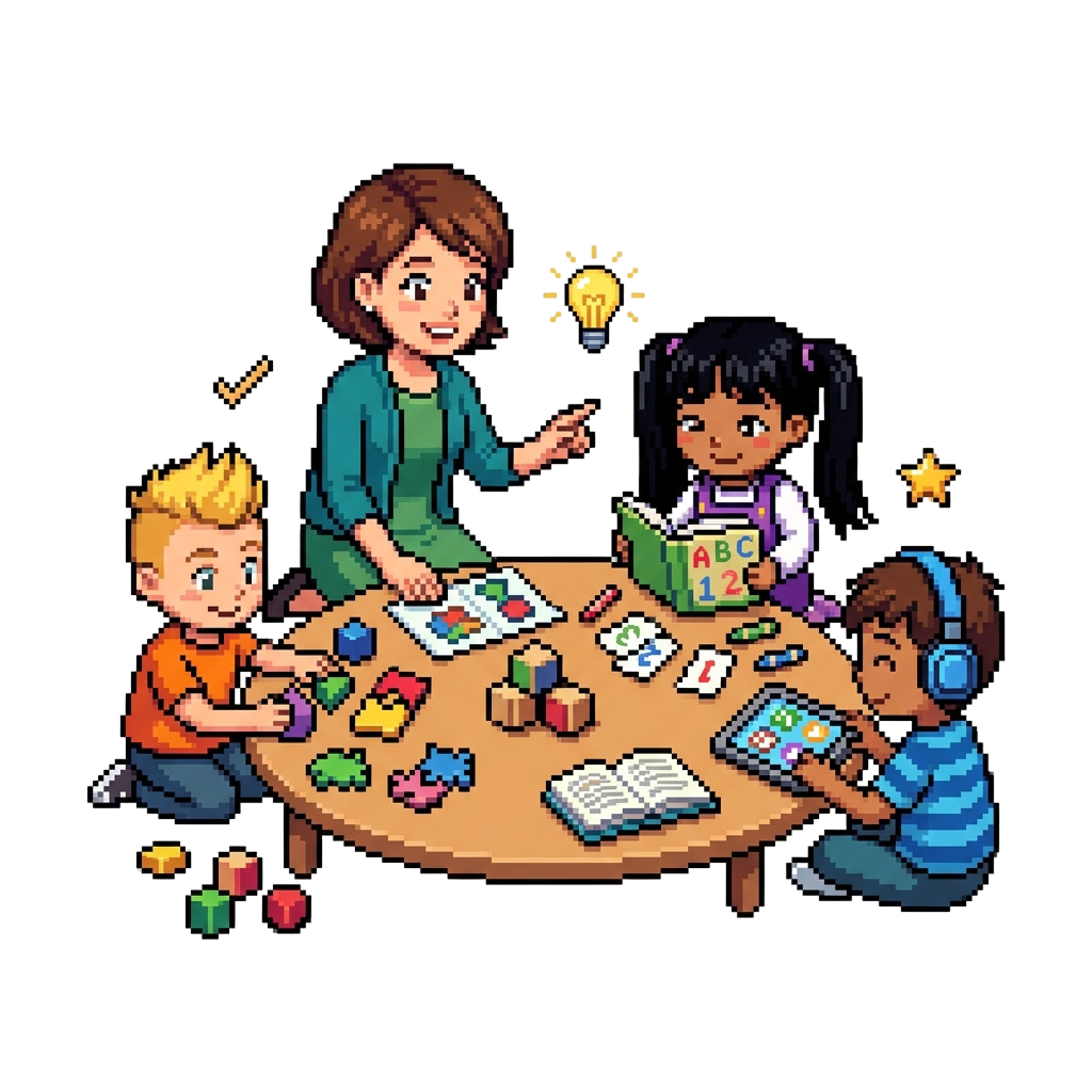 Illustration of a teacher and children learning together with books, blocks, and a tablet